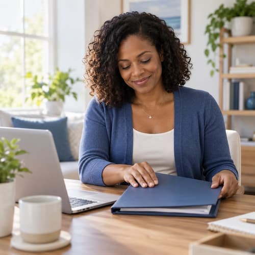 A woman at her kitchen table closing a folder of completed divorce paperwork